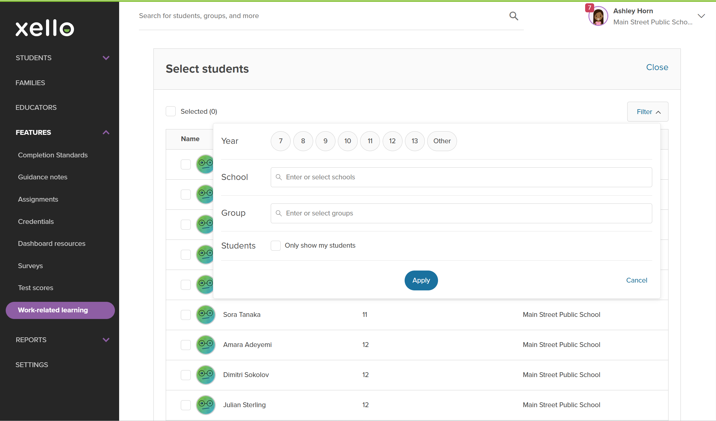 The filters for the student list for opportunity requests. Filter options include grade, school, group, and only my students.
